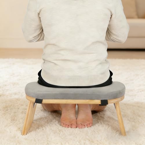 Portable Meditation Bench, Folding Kneeling Meditation Bench with Meditation Cushion, Bamboo Meditation Stool for Yoga Bench, Prayer Bench (Grey)