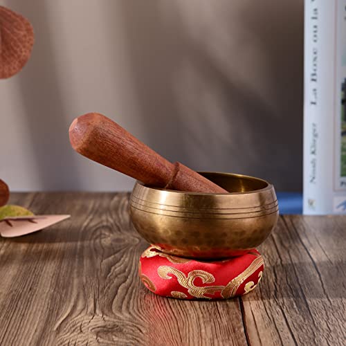 Tibetan Singing Bowl Set with 8cm/3inch Handmade Metal Sound Bowl & Soft Cushion & Wooden r for Meditation Sound Chakra Healing Yoga Relaxation