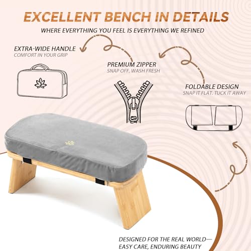 Meditation Bench, Bamboo Meditation Stool, Folding Kneeling Meditation Bench, Seiza Prayer Bench, Prayer Bench with Meditation Cushion, Kneeling Stool(Grey-Bag) - color: Grey-bag