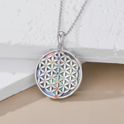 Flower of Life Necklace 925 Sterling Silver Chakra Pendant 7 Chakra Flower of Life Jewelry for Women Men