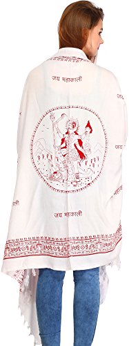 Exotic India Jai Maha Kali Prayer Shawl – Warm & Stylish PolyCotton Religious Cloth for Women - 7.0 ft x 3.6 ft - White