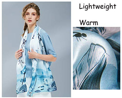 100% Mulberry Silk Long Scarf for Women Large Shawls for Headscarf and Neck- Oblong Hair Wraps with Gift Packed - color: Wash Painting-lotus