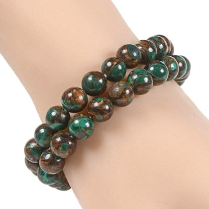 Justinstones Gem Semi Precious Gemstone 8mm Round Beads Stretch Bracelet 7 Inch Unisex - color: Copper Malachite