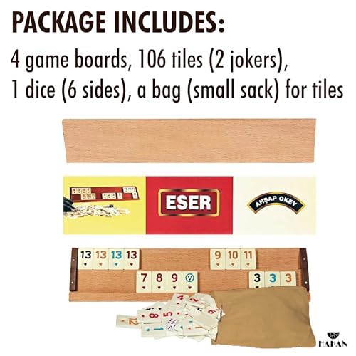 Hakan Turkish Okey Game Rummy Cube Game Rummy Cube Set with 4 Straight Wooden Racks Tile Holder and 106 Melamine Tiles Stones in Pouch