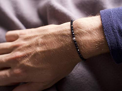 BERGERLIN Real natural stone bracelet - Tested and certified in Germany - Genuine bracelets with 925 Sterling silver pearl and faceted pearls - color: Onyx (agate color treated), size: Large