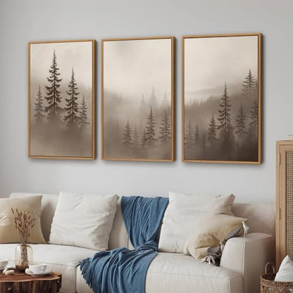KYLESONLIE Misty Forest Framed Canvas Wall Art Set, Foggy Pine Tree Woodland Wall Decor, Calming Nature Zen Art Paintings, Minimalist Wood Landscape Artwork for Bedroom Living Room Office 16"x24"x3