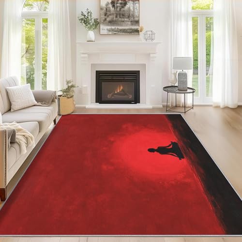 5x7 Washable Red Sunset Area Rugs for Living Room, Meditation Yoga Rug for Bedroom, Spiritual Home Decor, Non Slip Low Pile Soft Thin Indoor Carpet D&T52 - color: Black Red, size: 5' x 7' (Rectangular)