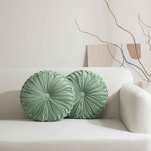 HIG Set of 2 Decorative Round Pleated Throw Pillows, Classy Accent Pumpkin Throw Pillows with Center Button, Vintage Velvet Floor Pillows for Sofa Vanity Chair Bed, Sage, 14.5" Diameter(Ripple) - color: Sage