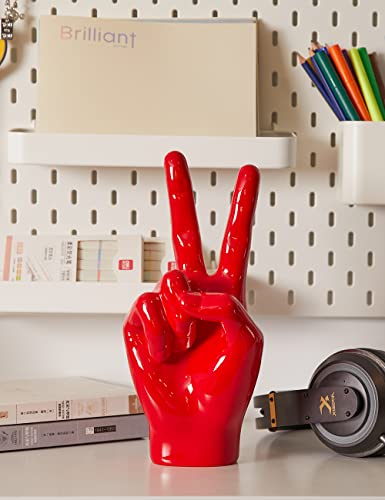 Victory Gesture Hand Statue Sculpture Modern Home Decor Table Centerpiece Art Figurine Gift for Bookshelf Desktop Office Red 11 Inch