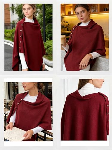 Women's Versatile Knitted Shawls Scarf Poncho Sweater Capes with Buttons Lightweight Spring Summer Fall Winter Wraps - color: Red