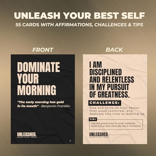 Daily Affirmation Cards to Unleash Your Best Self - 55 Cards with Empowering Quotes, Challenges & Practical Tips | Personal Growth Gift Idea for Driven Men & Women for Birthday, New Job, Mothers Day