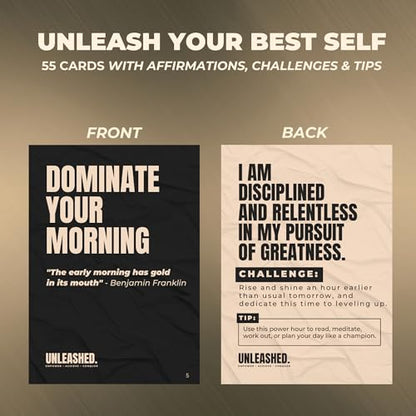 Daily Affirmation Cards to Unleash Your Best Self - 55 Cards with Empowering Quotes, Challenges & Practical Tips | Personal Growth Gift Idea for Driven Men & Women for Birthday, New Job, Mothers Day