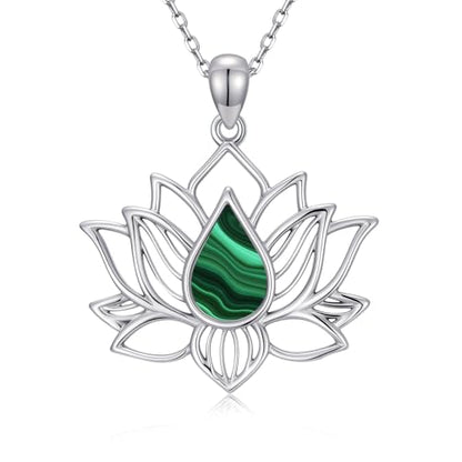 Lotus Necklaces for Women 925 Sterling Silver 7 Chakra/Yin Yang Pendant Necklace Spiritual Lotus Jewelry Birthday Yoga Gifts - style: Malachite-Lotus