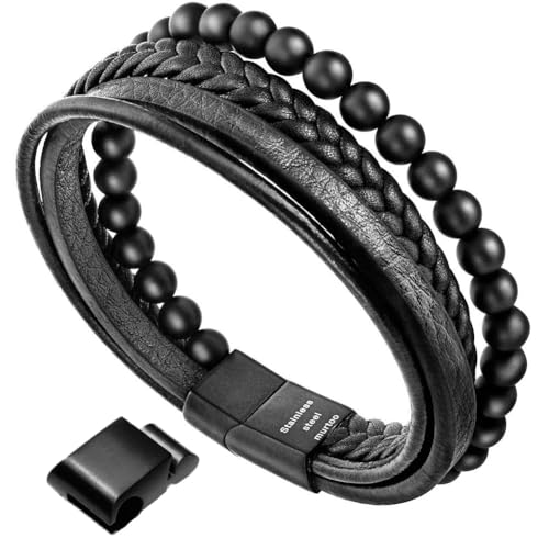 Mens Bead Leather Bracelet, Natural Bead, Steel and Leather Bracelet for Men Christmas Gift Idea