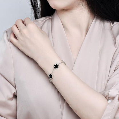 FLY FEI 18K Gold-Plated Four Leaf Clover Bracelet for Women,Adjustable lucky Bracelet Set Jewelry Gift-Hypoallergenic Charm for Birthdays, Wellness & Daily Wear - color: style03-Black+White(silvery2pcs)