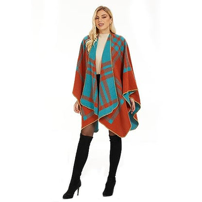 Shawl Wraps for Women, Elegant Knitted Cape Open Front Poncho Scarf Blanket Cardigan Coat for Spring, Autumn, and Winter - color: Orange Blue