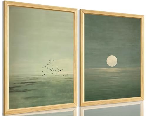 Japanese Sage Green Wall Art 2Pcs Minimalist Moon and Bird Canvas Posters Prints for Living Room Bedroom Office Zen Home Decoration 12X16in Unframed