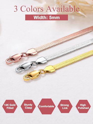 FOCALOOK 14K Gold Plated Necklaces for Women, Fashion Herringbone Choker Necklace Stainless Steel Flat Snake Chain 3/5MM(W) 12.5"/15"/18"+3.5"(L) - color: 5MM-14K Gold-12.5"