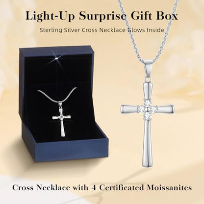1CT Moissanite Cross Necklace for Women Wife, 18K Gold Filled or Sterling Silver Cross Pendant Chain Jewelry,Anniversary Birthday Gifts for Women Wife Her with LED Light-Up Gift Box and Gift Card - style: Silver-No Card