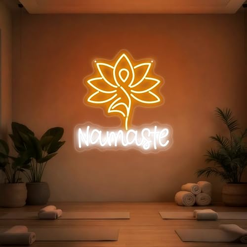 Namaste with Lotus Flower Neon Sign, Yoga Zen LED Light, Meditation Lamp Yoga Fitness Studio Decor, Meditation Art, Home & Spiritual Space Gift, Light Up Wall Art for Home or Yoga Studio Office Shop-14.45" x 13.7" - color: Namaste-Gold