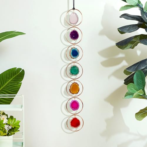 Natural Agate Slice 7 Colours Wall Decor Healing Crystal Wall Chimes Gemstone Outdoor Indoor Window Round HangingHome Decoration Wall Hanging Decoration (Gold Color) - color: Gold, size: 0.78-1.57 inches