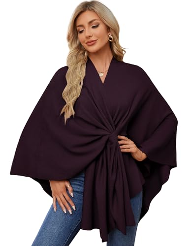 PULI Women's Elegant Shawl Wraps Soft Open Front Poncho Sweater for Spring Fall Winter - color: Front Tab-burgundy