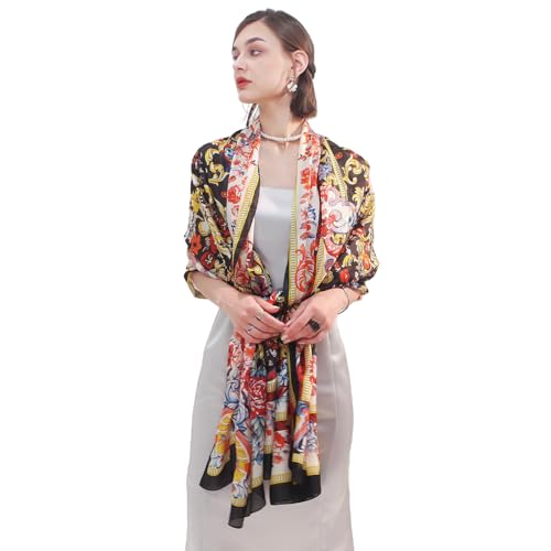 DANA XU Women's 100% Mulberry Silk Pashmina Shawl and Wraps Extra Large Floral Scarf for Evening Dresses, Soft Oversized - color: 12 Gold&black