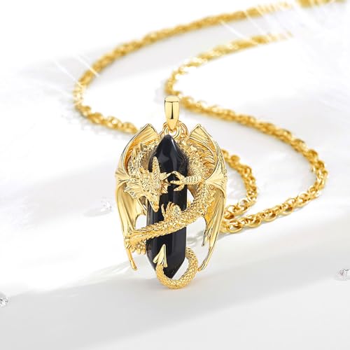 INFUSEU Unique Dragon Necklaces with Healing Crystal Stone for Men Women, Personalized Spiritual Gifts, 24 Inch Chain - color: Gold-Obsidian