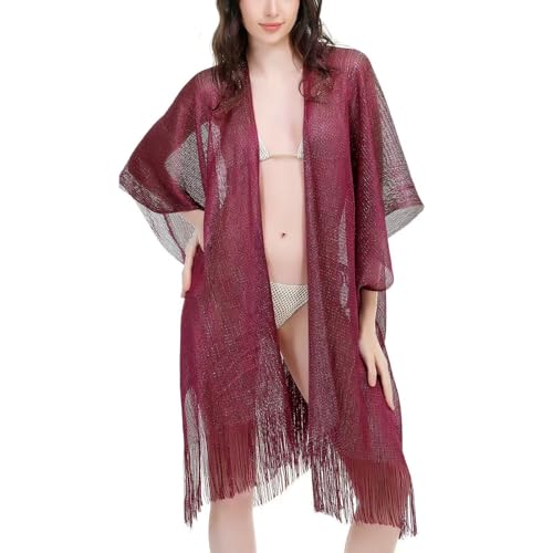 Sparkle Metallic Evening Shawls for Women formal Party Dresses Beach Travel Cardigan Shawl Wrap for Swimsuit - color: O-burgundy