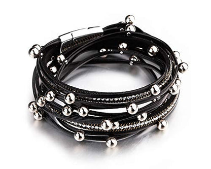Fesciory Leather Wrap Bracelets for Women, Boho Leopard Multi-Layer Crystal Beads Cuff Bracelet Jewelry - color: A4:Black Beads(Double Wrap)