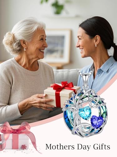 TOUPOP s925 Sterling Silver Family Celtic Tree of Life Pendant Necklaces with 2 Heart Birthstone with Blue Austrian Crystal Jewelry Birthday Valentines Day Gifts for Her, Anniversary Christmas Gifts for Wife Girlfriend Mom (18K Real White Gold Filled) - c