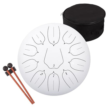 Steel Tongue Drum 12 Inch 11 Notes for Adults - Ethereal Metal Instrument for Meditation & Yoga with Music Book, Mallets & Carry Bag (White) - color: White