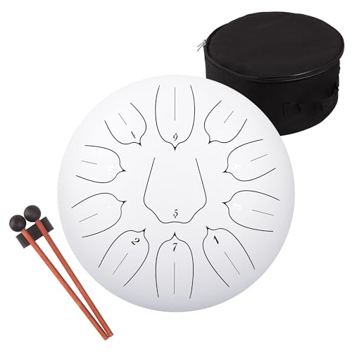 Steel Tongue Drum 12 Inch 11 Notes for Adults - Ethereal Metal Instrument for Meditation & Yoga with Music Book, Mallets & Carry Bag (White) - color: White