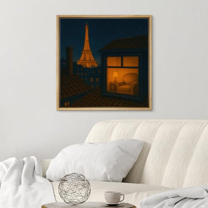 SIGNWIN Framed Canvas Print Wall Art Cozy Paris Rooftop View with Eiffel Tower Romantic Night Illustrations Fine Art Farmhouse/Country for Living Room, Bedroom, Office - 16"x16" NATURAL - color: BS18-2507-SAR09, size: 16L" x 16W"