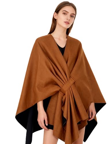 Women's Elegant Shawl Wraps, Soft Open Front Poncho Cape, Reversible Casual Cardigan Shawls for Gift Travel - color: Brown-black