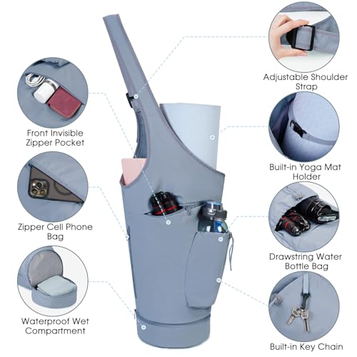 sportsnew Yoga Mat Bag, Large Opening Long Tote Yoga Mat Carrier Holder Bag with Waterproof Wet Pocket and Drawstring Water Bottle Pocket, Adjustable Shoulder Strap Storage Bag, patent pending