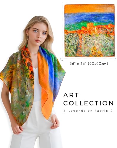 PoeticEHome Cashmere Scarf Wrap 36"x36" - Featherlight & Wrinkle-Free Artistic Square Shawl for Travel & Office, Gift Ready - color: Burgo Marina at Bordighera - 36"