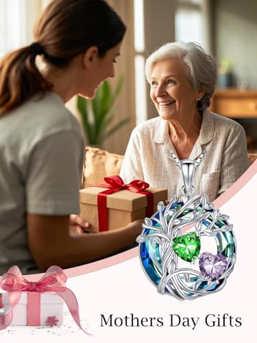 TOUPOP s925 Sterling Silver Family Celtic Tree of Life Pendant Necklaces with 2 Heart Birthstone with Blue Austrian Crystal Jewelry Birthday Valentines Day Gifts for Her, Anniversary Christmas Gifts for Wife Girlfriend Mom (18K Real White Gold Filled) - c