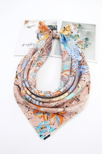 100% Pure Mulberry Silk Scarf 35" Large Square Lightweight Headscarf –Women’s Hair Wraps-With Gift Packed - color: Brown&blue-twill