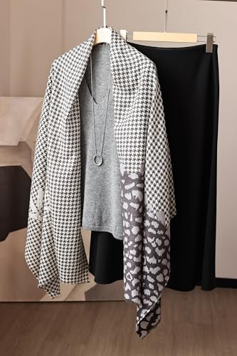 Cashmere-soft Mercerized wool Shawl Pashmina Lightweight Travel Wrap & Evening Scarf |Office |Wedding - color: Thousand Bird Check + Leopard Graphite Color