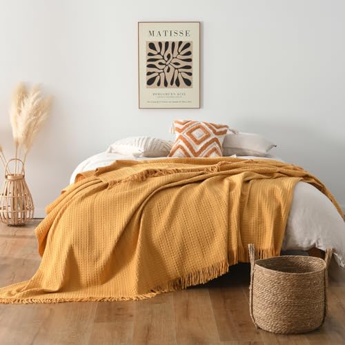 100% Cotton Waffle Blanket with Fringe, Pre-Washed Waffle Weave Blanket for All Season, Lightweight Breathable Soft Cozy Throw Blanket for Couch, Bed, Travel (Mustand Yellow - 66x90 Inches) - color: Mustand Yellow, size: Twin-66"x 90"