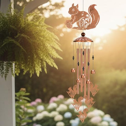 Squirrel Gifts Wind Chimes - Metal Hanging Windchime Outdoor Decoration for Garden Backyard Indoor Balcony Waterproof Christmas New Year Birthday Gift for Animal Lover Women Mom Grandma
