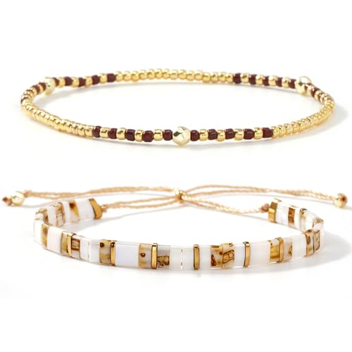 Tila Flat Beaded Stretch Bracelets for Women Stackable Gold Colorful Seed Beads Boho Bracelet Stack Adjustable Rope String Friendship Jewelry Trendy Holiday Gift - color: gold and white