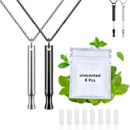 LAMKHOO 2 Pcs Breathing Necklace to Quit Smoking and Vaping - Refillable Essential Oil Diffuser, Fidget Necklace for Anxiety Relief, Smokeless Inhaler with 8 Cotton Pods - color: Odorless