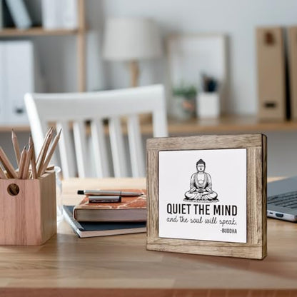 Yoga Room Meditation Room Decor, Quiet The Mind And The Soul Will Speak Sign, Zen Decoration for Home Tabletop, Motivational Decor, Farmhouse Meditation Wooden Plaque 5.9 x 5.9 Inches