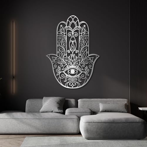 Hamsa Hand Metal Wall Decor, Sacred Geometry Metal Wall Art, Hamsa Wall Art, Zen Wall Decor for Living Room, Bedroom, Yoga Room, Meditation Space (Silver,31" H x 23" W / 80 x 59 cm) - color: Silver, size: 31"H x 23"W / 80 x 59 cm