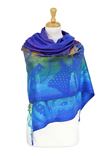 PASKMLNA Double Side Multi Colors Silky Tropical Colorful Exotic Pashmina Wrap Shawl Scarf Rave - color: 050-royal Blue Multi Feathers