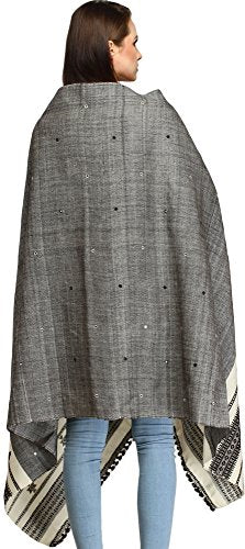 Exotic India Shawl from Kutch with Embroidered Mirrors - Pure Wool - color: Charcoal Gray