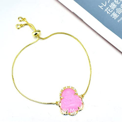 18K Gold Plated Laughing Buddha Link Bracelet Pendant Jade Natural Stone Cubic Zirconia Crystal Adjustable Lucky Gemstone Amulet Protection Jewelry for Women Men