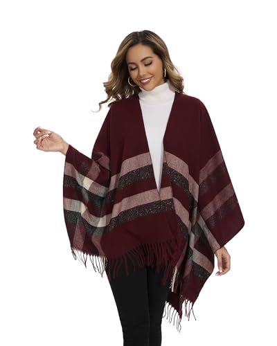 Shawl Wraps for Women, Elegant Knitted Cape Open Front Poncho Scarf Blanket Cardigan Coat for Spring, Autumn, and Winter - color: Red Beige